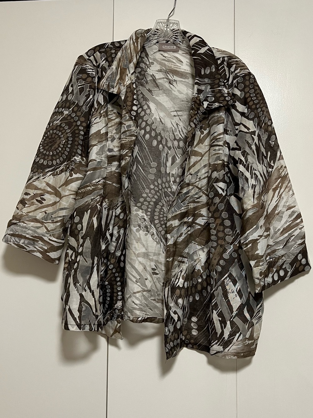 Chico's Women’s Abstract Print Sheer Open Front Jacket Brown & White Sz 3 US XL